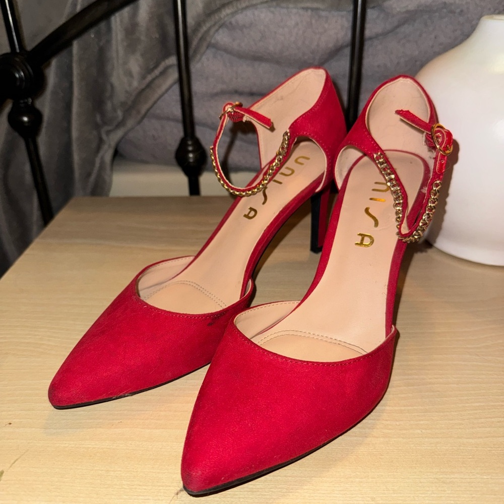 Unisa Red Heels with Ankle Strap and Embellishments